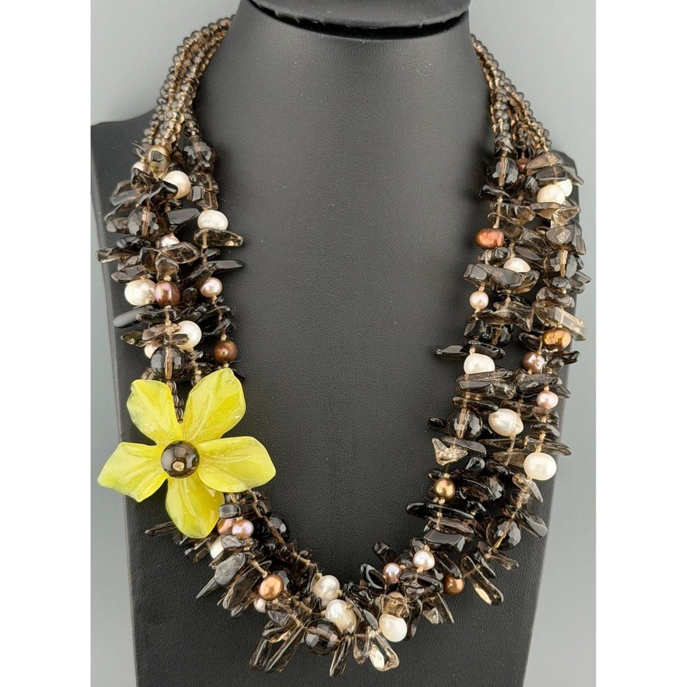 Vintage Necklace Nephrite Jade Flower Smoky Quartz Freshwater Pearls Statement